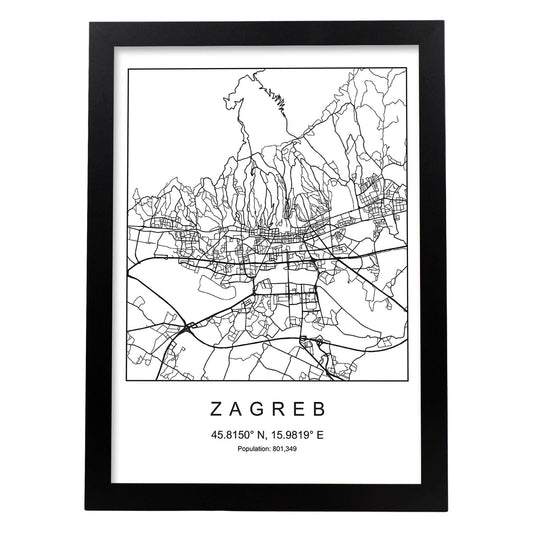 Lámina Mapa de la Ciudad Zagreb Estilo nordico en Blanco y negro.-Artwork-Nacnic-A3-Marco Negro-Nacnic Estudio SL