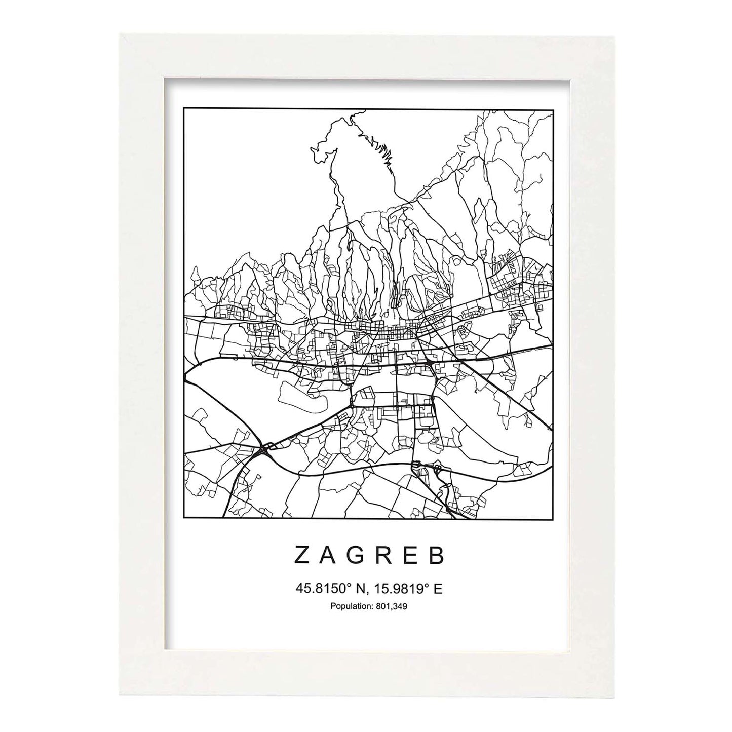 Lámina Mapa de la Ciudad Zagreb Estilo nordico en Blanco y negro.-Artwork-Nacnic-A4-Marco Blanco-Nacnic Estudio SL