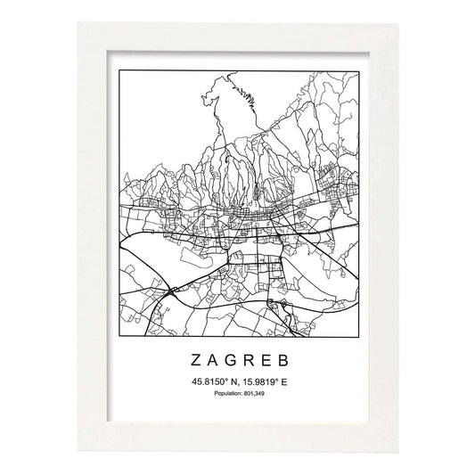 Lámina Mapa de la Ciudad Zagreb Estilo nordico en Blanco y negro.-Artwork-Nacnic-A4-Marco Blanco-Nacnic Estudio SL