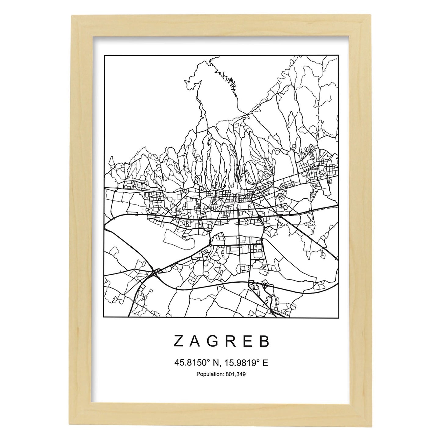 Lámina Mapa de la Ciudad Zagreb Estilo nordico en Blanco y negro.-Artwork-Nacnic-A4-Marco Madera clara-Nacnic Estudio SL