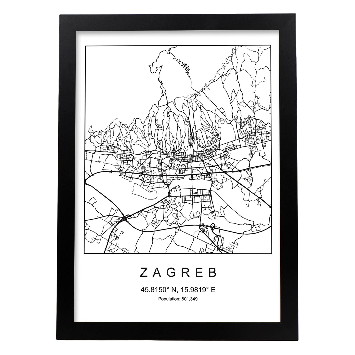 Lámina Mapa de la Ciudad Zagreb Estilo nordico en Blanco y negro.-Artwork-Nacnic-A4-Marco Negro-Nacnic Estudio SL