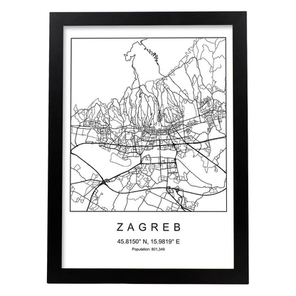 Lámina Mapa de la Ciudad Zagreb Estilo nordico en Blanco y negro.-Artwork-Nacnic-A4-Marco Negro-Nacnic Estudio SL
