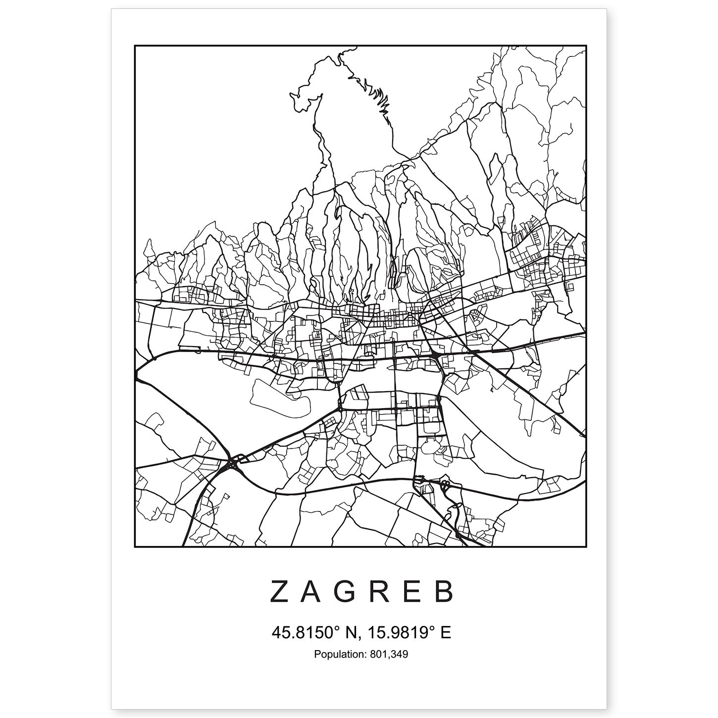 Lámina Mapa de la Ciudad Zagreb Estilo nordico en Blanco y negro.-Artwork-Nacnic-A4-Sin marco-Nacnic Estudio SL