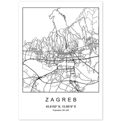 Lámina Mapa de la Ciudad Zagreb Estilo nordico en Blanco y negro.-Artwork-Nacnic-A4-Sin marco-Nacnic Estudio SL
