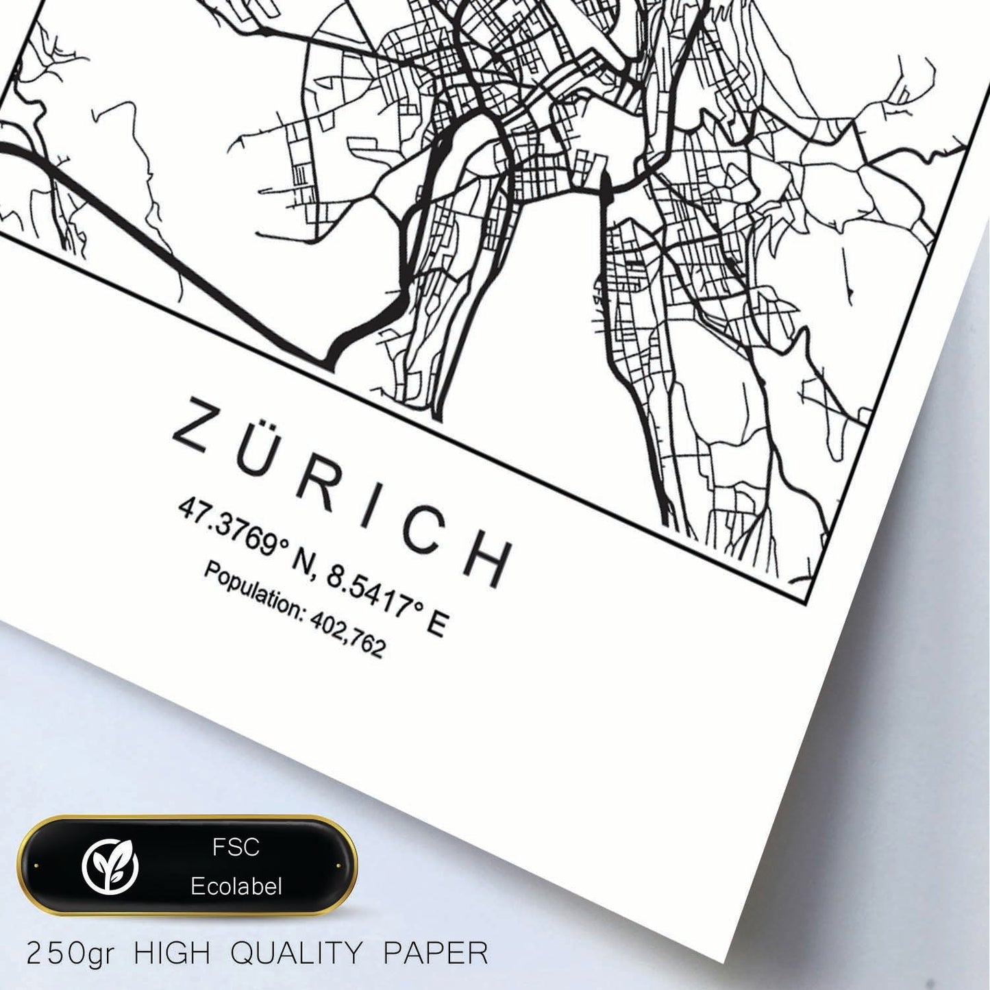 Lámina Mapa de la Ciudad Zurich Estilo nordico en Blanco y negro.-Artwork-Nacnic-Nacnic Estudio SL