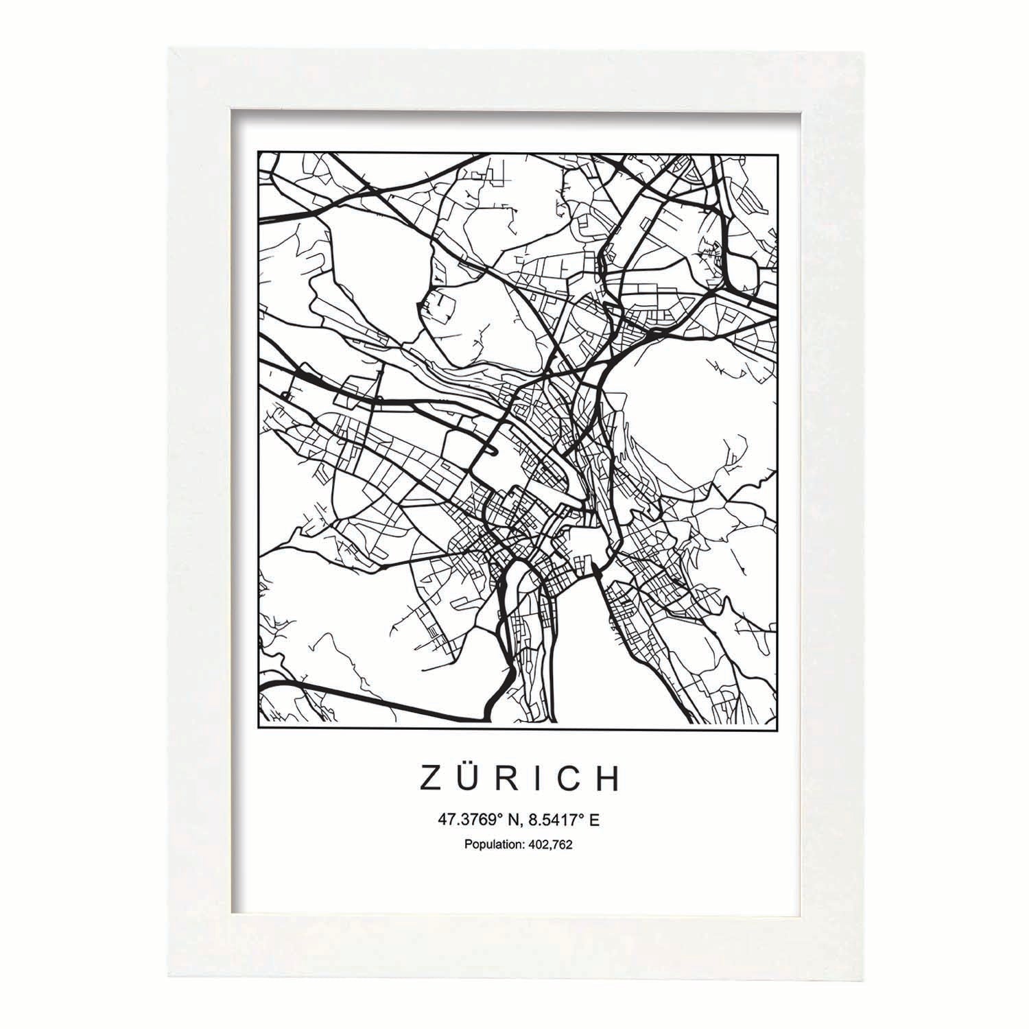 Lámina Mapa de la Ciudad Zurich Estilo nordico en Blanco y negro.-Artwork-Nacnic-A3-Marco Blanco-Nacnic Estudio SL