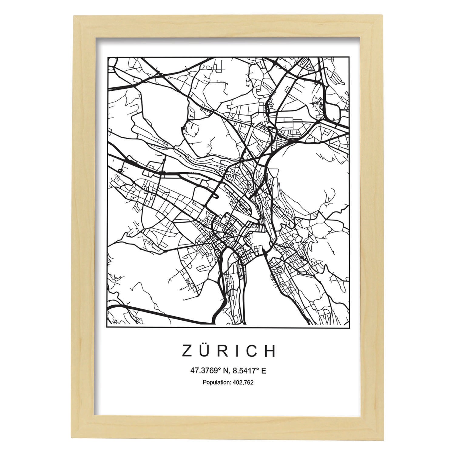 Lámina Mapa de la Ciudad Zurich Estilo nordico en Blanco y negro.-Artwork-Nacnic-A3-Marco Madera clara-Nacnic Estudio SL