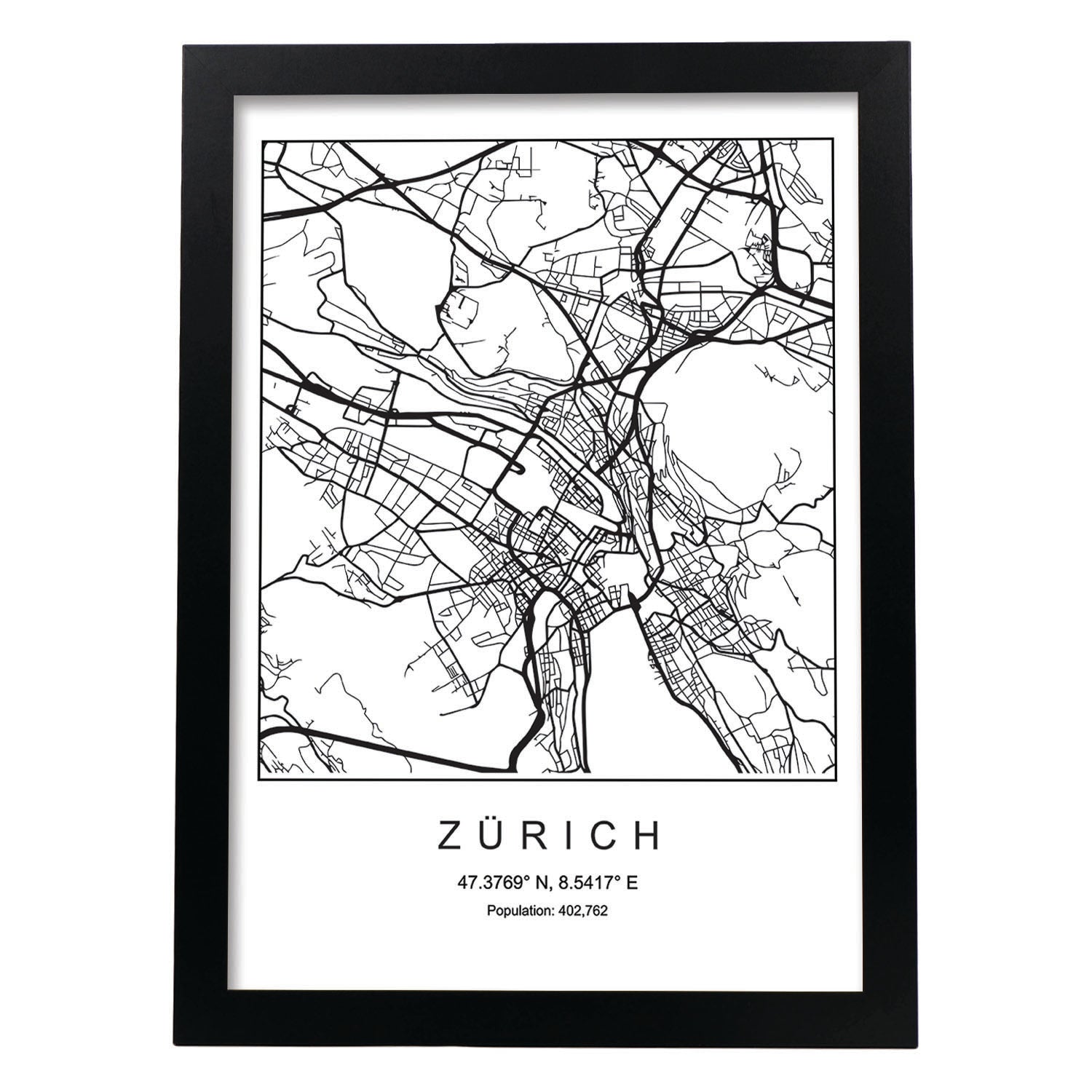 Lámina Mapa de la Ciudad Zurich Estilo nordico en Blanco y negro.-Artwork-Nacnic-A3-Marco Negro-Nacnic Estudio SL