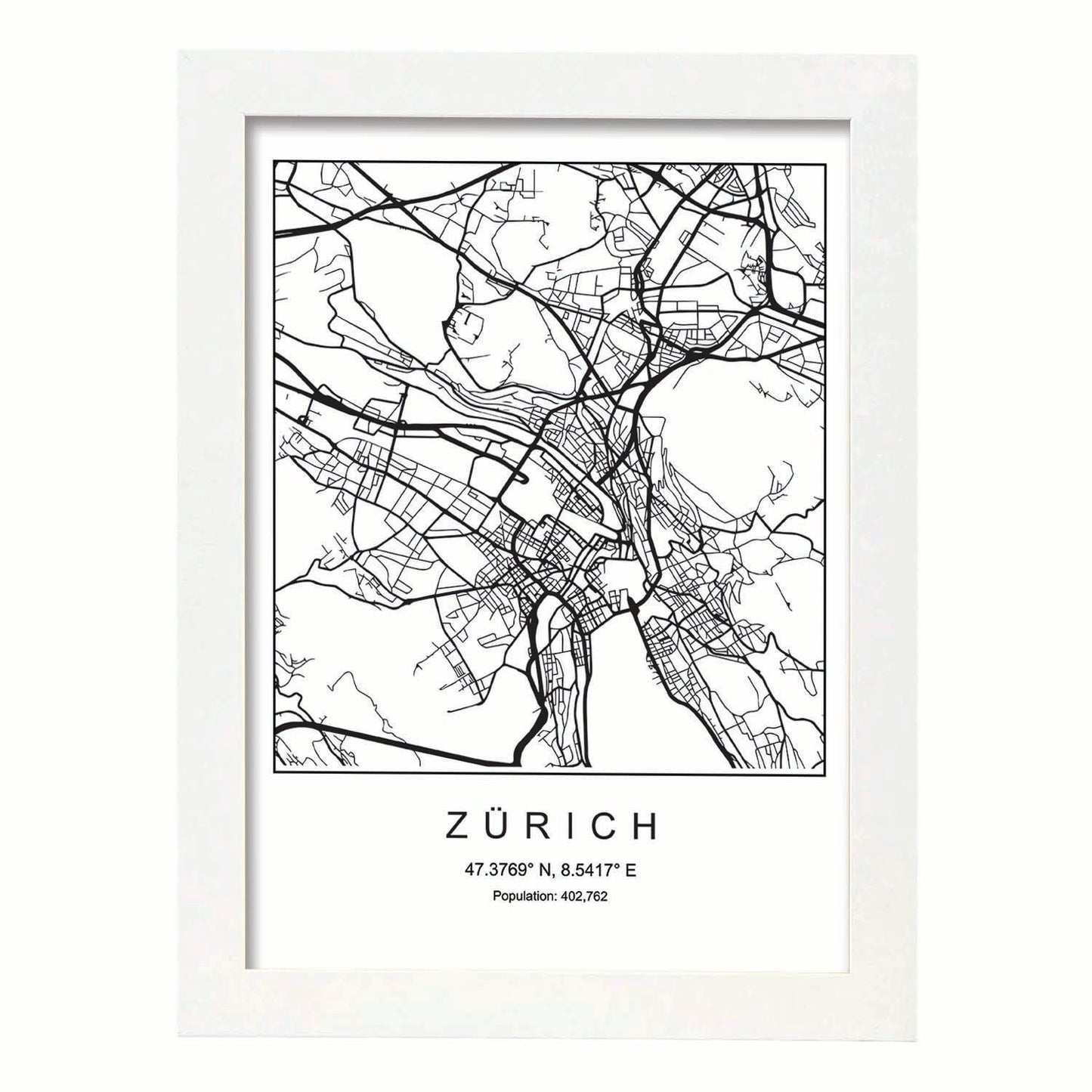 Lámina Mapa de la Ciudad Zurich Estilo nordico en Blanco y negro.-Artwork-Nacnic-A4-Marco Blanco-Nacnic Estudio SL