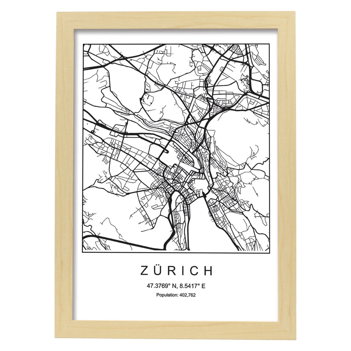 Lámina Mapa de la Ciudad Zurich Estilo nordico en Blanco y negro.-Artwork-Nacnic-A4-Marco Madera clara-Nacnic Estudio SL