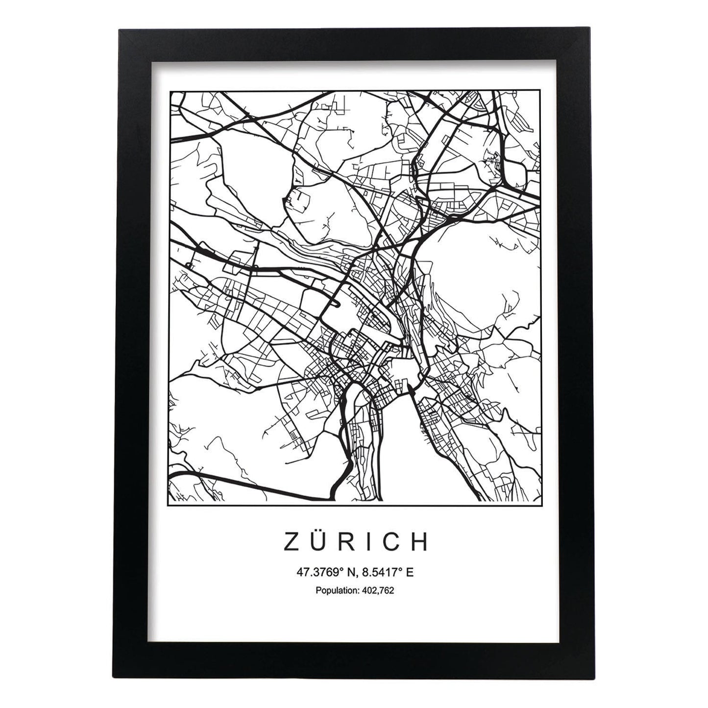 Lámina Mapa de la Ciudad Zurich Estilo nordico en Blanco y negro.-Artwork-Nacnic-A4-Marco Negro-Nacnic Estudio SL