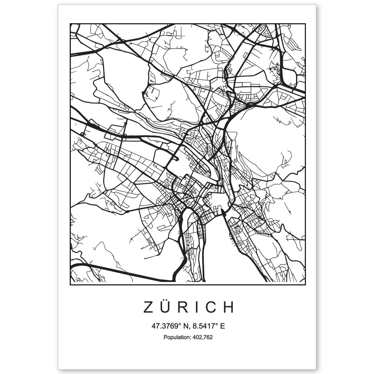 Lámina Mapa de la Ciudad Zurich Estilo nordico en Blanco y negro.-Artwork-Nacnic-A4-Sin marco-Nacnic Estudio SL