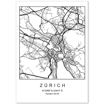 Lámina Mapa de la Ciudad Zurich Estilo nordico en Blanco y negro.-Artwork-Nacnic-A4-Sin marco-Nacnic Estudio SL