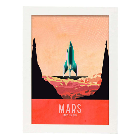 Lámina Marte, mision uno. Pósters con detalladas ilustraciones del espacio. Coloridas imágenes de satélites, estrellas y planetas.-Artwork-Nacnic-A4-Marco Blanco-Nacnic Estudio SL