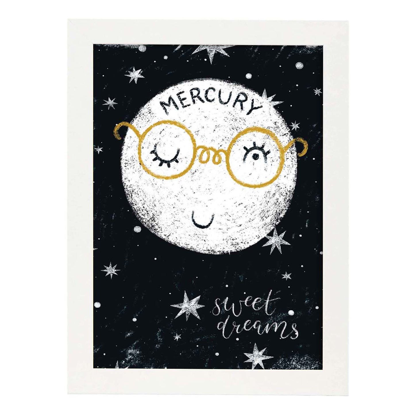 Lámina Mercurio Estilo nordico blanco y negro. Composiciones planetarias infantiles.-Artwork-Nacnic-A4-Marco Blanco-Nacnic Estudio SL