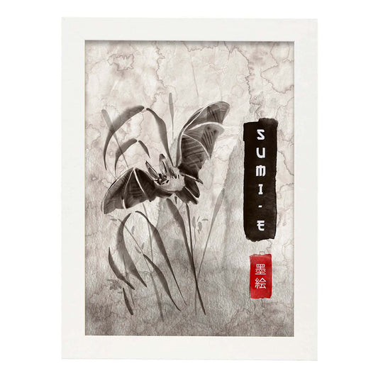 Lámina Murcielago. Pósters en estilo Sumi-E. Imágenes vintage de animales en tonos grises.-Artwork-Nacnic-A4-Marco Blanco-Nacnic Estudio SL