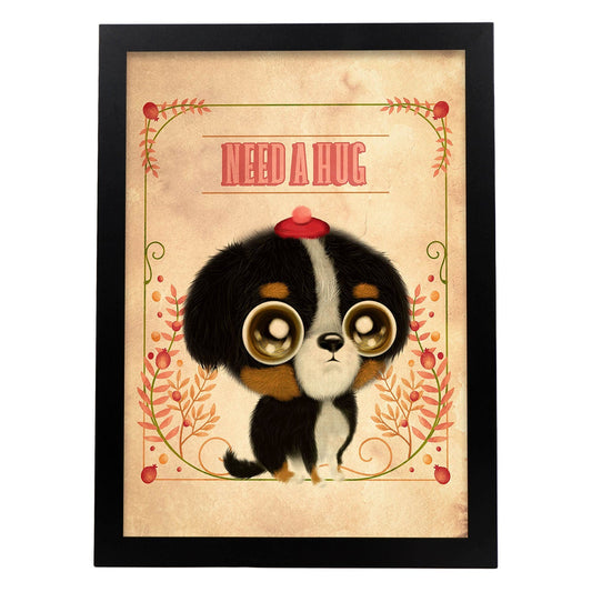 Lámina Necesito un abrazo. Pósters con divertidos animales domésticos.-Artwork-Nacnic-A4-Marco Negro-Nacnic Estudio SL