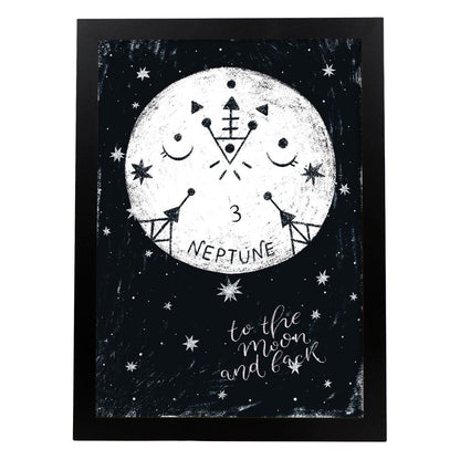 Lámina Neptuno Estilo nordico blanco y negro. Composiciones planetarias infantiles.-Artwork-Nacnic-A4-Marco Negro-Nacnic Estudio SL