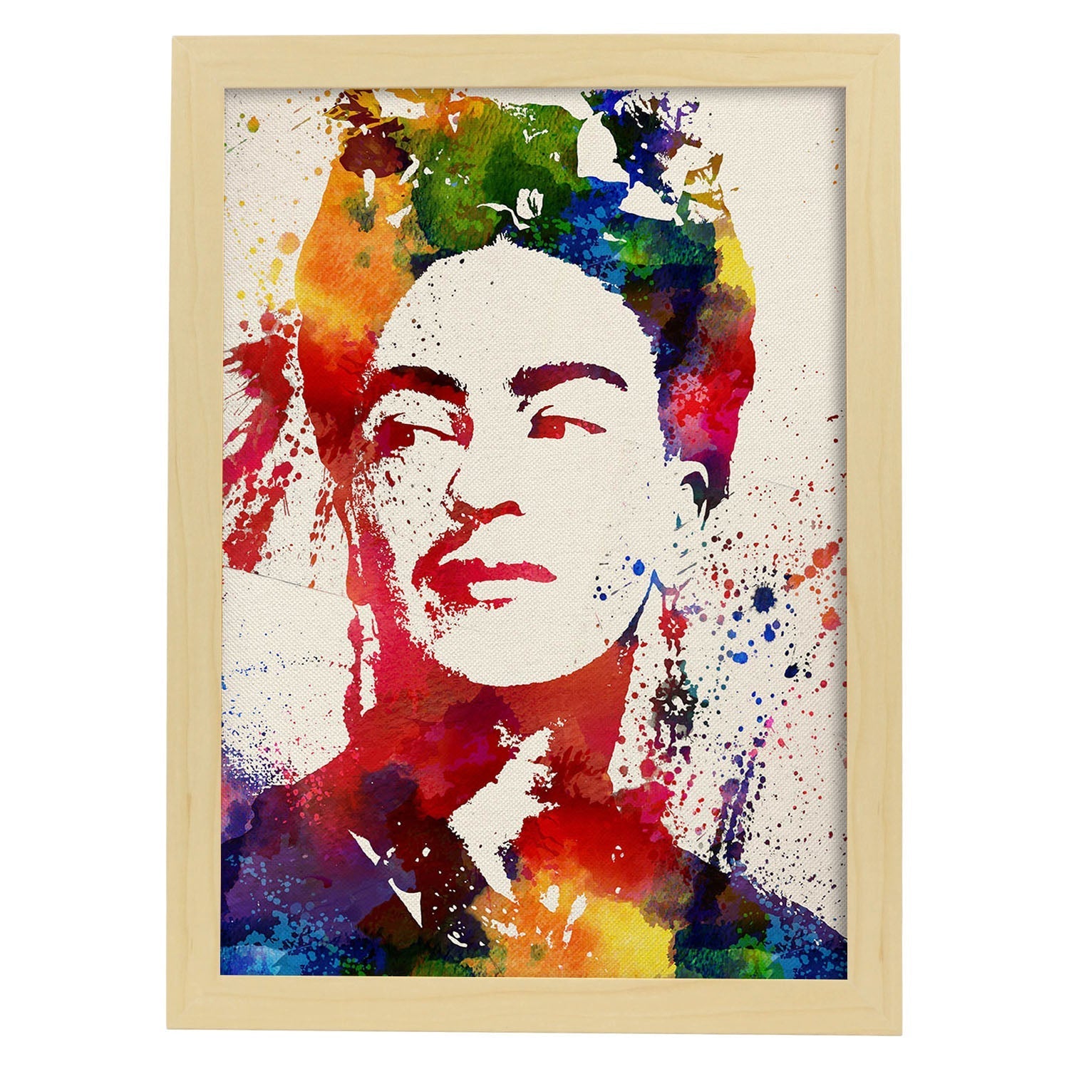 Lámina para enmarcar Frida Kahlo Estilo Acuarela. Poster con imágen de Frida Kahlo Estilo Acuarela. Lámina de la mítica pintora Frida Kahlo.-Artwork-Nacnic-A3-Marco Madera clara-Nacnic Estudio SL