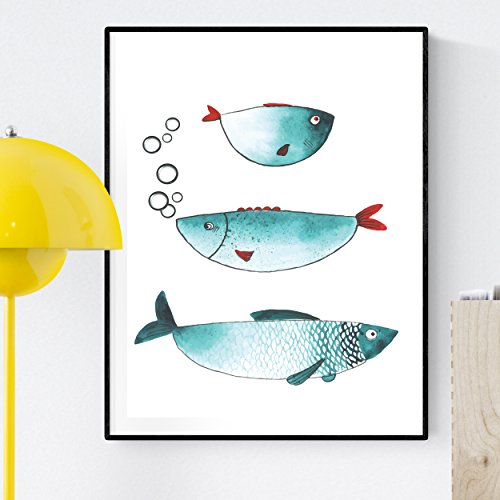 Lámina para enmarcar "TRES PECES" . Poster con imagen de peces para los amantes del mundo MARINO. Poster TONOS AZULES.-Artwork-Nacnic-Nacnic Estudio SL