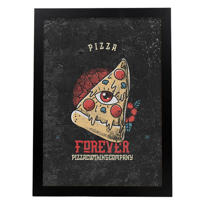 Lámina Pizza. Pósters con modernos diseños estilo tatuaje sobre fondo oscuro.-Artwork-Nacnic-A4-Marco Negro-Nacnic Estudio SL