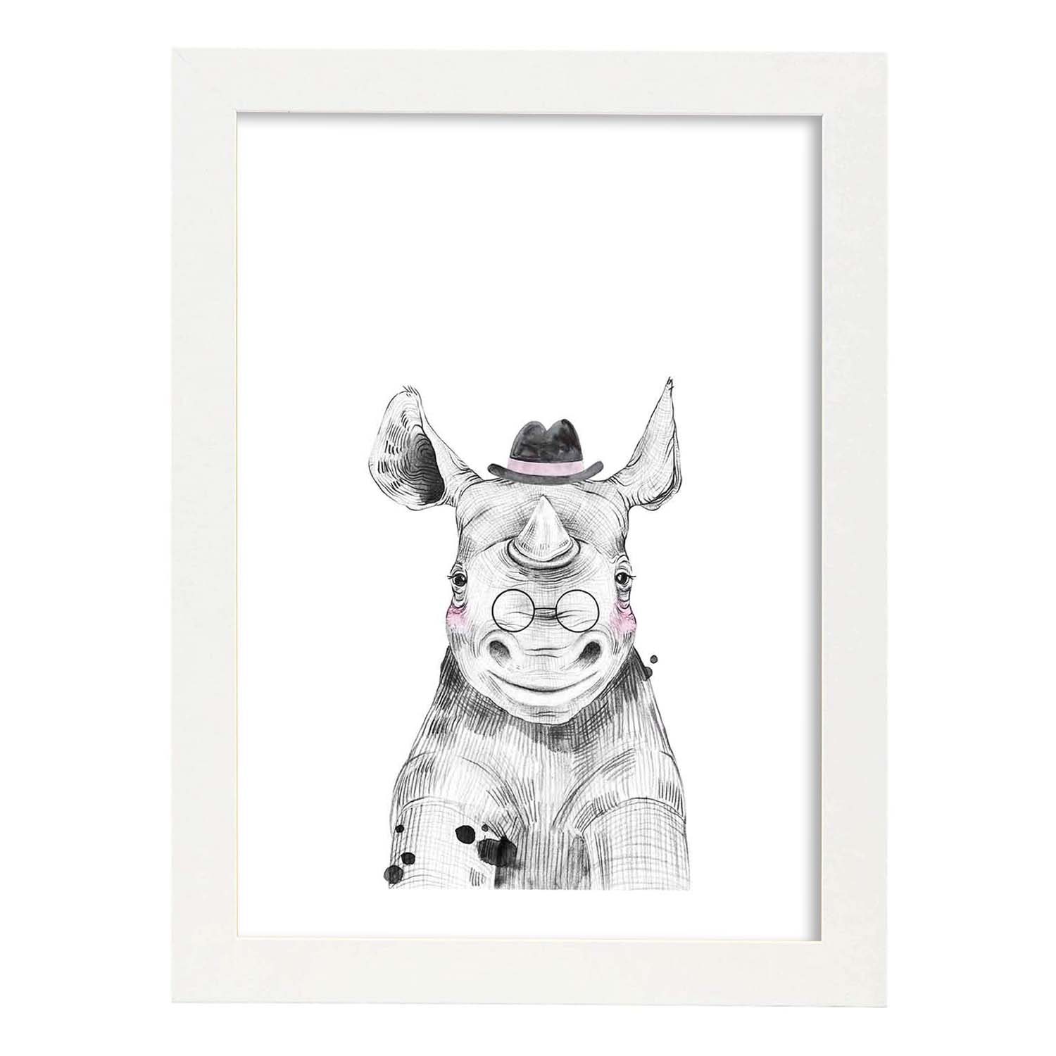Lámina Rinoceronte infantil con gafas y sombrero poster animales infantiles-Artwork-Nacnic-A3-Marco Blanco-Nacnic Estudio SL