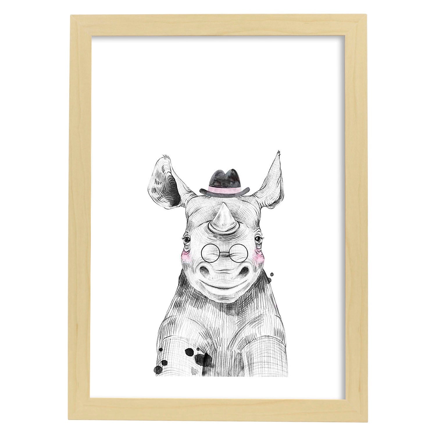 Lámina Rinoceronte infantil con gafas y sombrero poster animales infantiles-Artwork-Nacnic-A3-Marco Madera clara-Nacnic Estudio SL