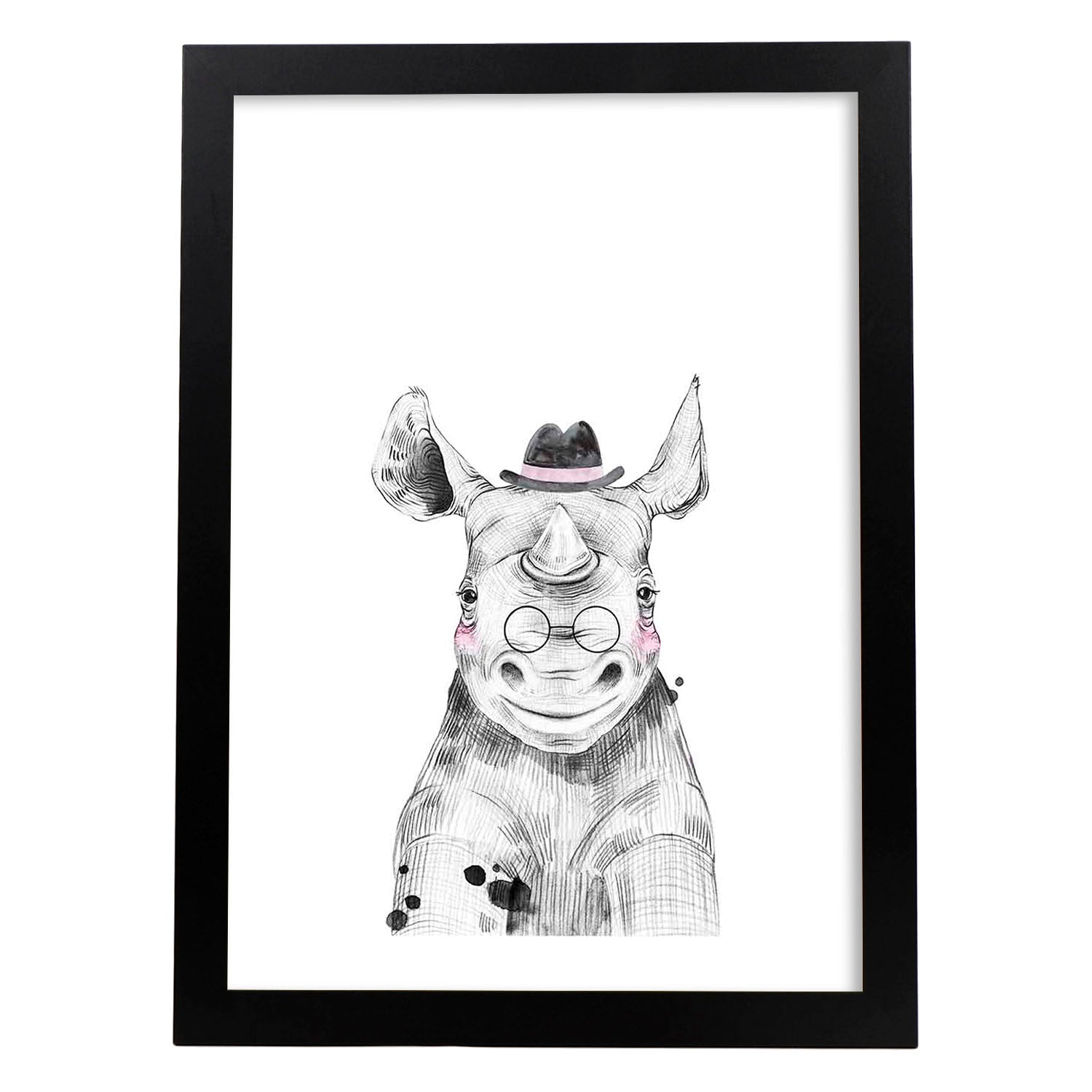 Lámina Rinoceronte infantil con gafas y sombrero poster animales infantiles-Artwork-Nacnic-A3-Marco Negro-Nacnic Estudio SL