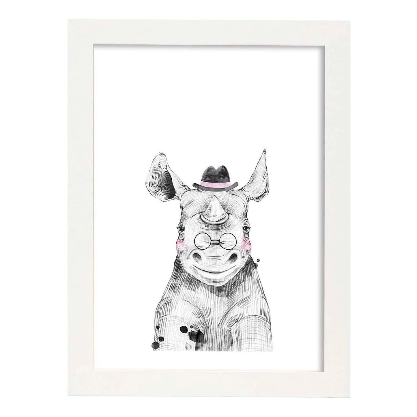 Lámina Rinoceronte infantil con gafas y sombrero poster animales infantiles-Artwork-Nacnic-A4-Marco Blanco-Nacnic Estudio SL