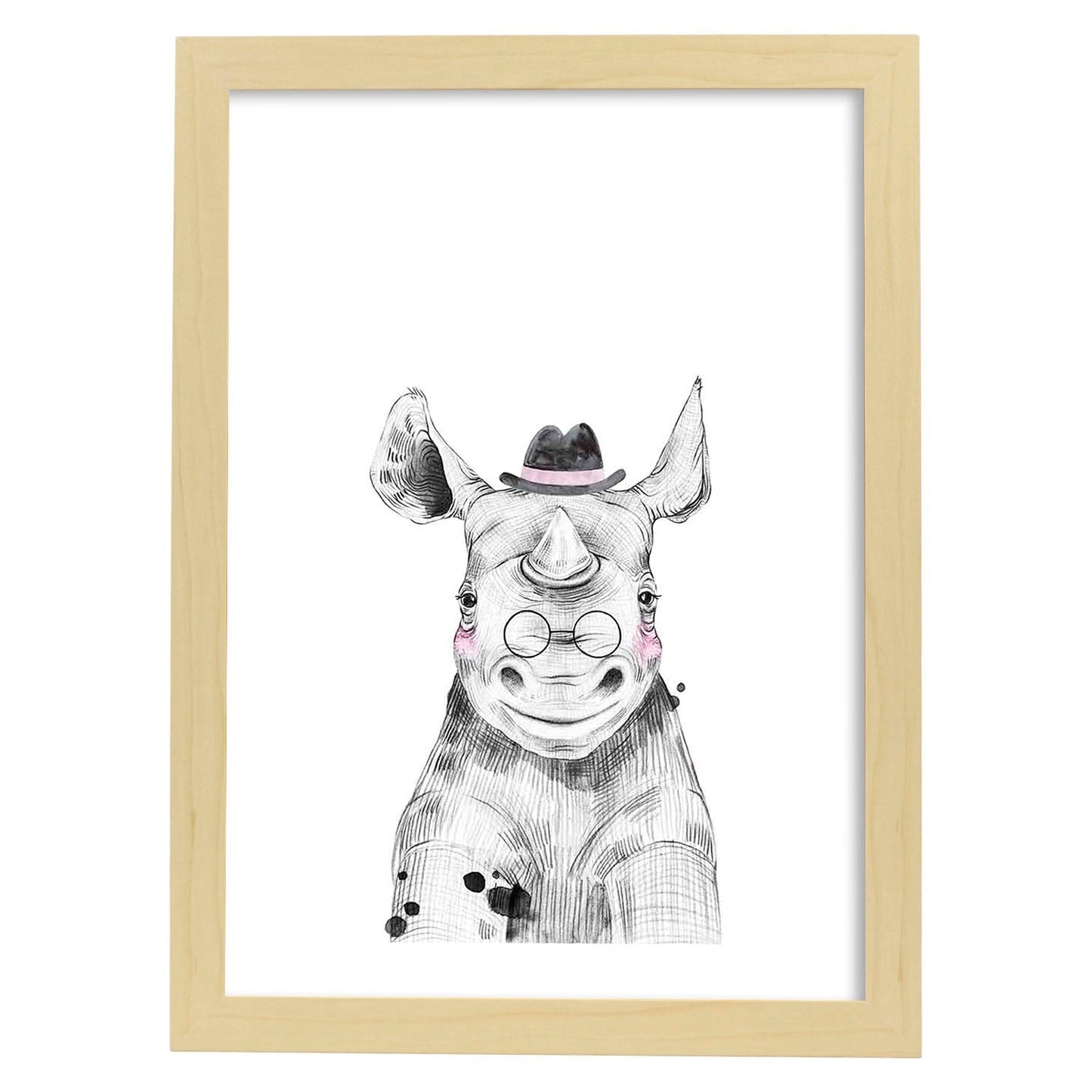 Lámina Rinoceronte infantil con gafas y sombrero poster animales infantiles-Artwork-Nacnic-A4-Marco Madera clara-Nacnic Estudio SL