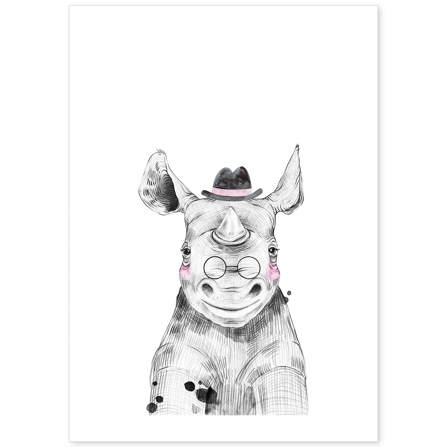 Lámina Rinoceronte infantil con gafas y sombrero poster animales infantiles-Artwork-Nacnic-A4-Sin marco-Nacnic Estudio SL