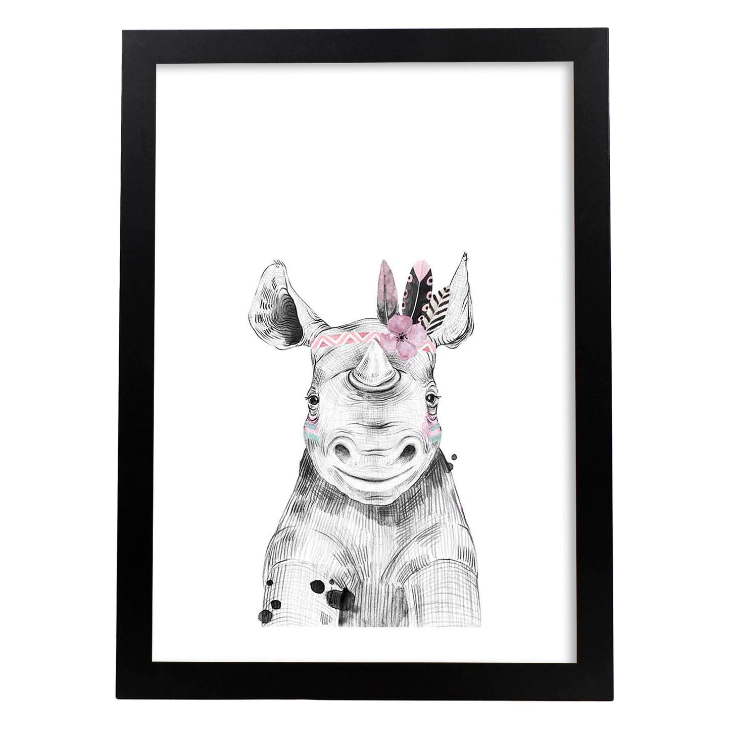 Lámina Rinoceronte infantil con plumas en la cabeza poster animales infantiles-Artwork-Nacnic-A3-Marco Negro-Nacnic Estudio SL
