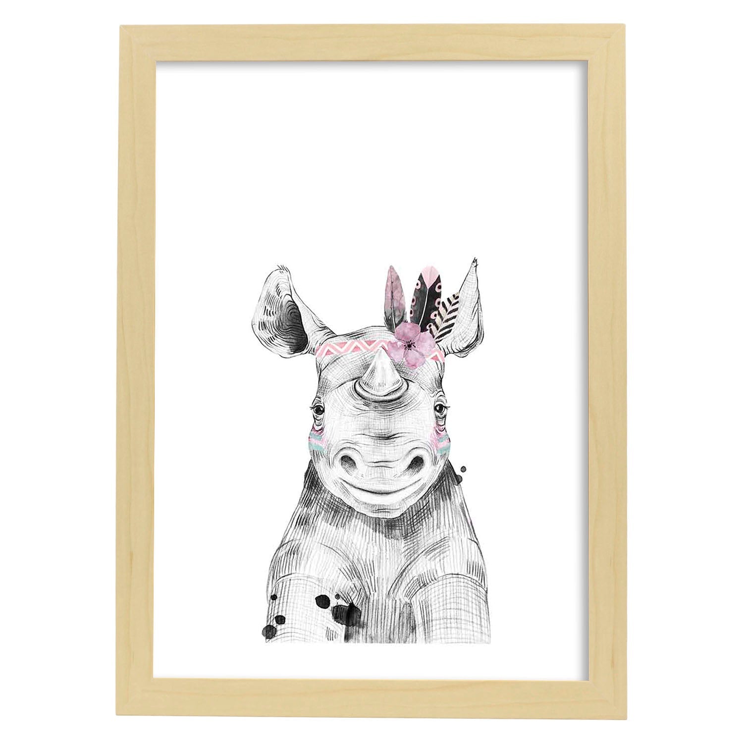 Lámina Rinoceronte infantil con plumas en la cabeza poster animales infantiles-Artwork-Nacnic-A3-Marco Madera clara-Nacnic Estudio SL