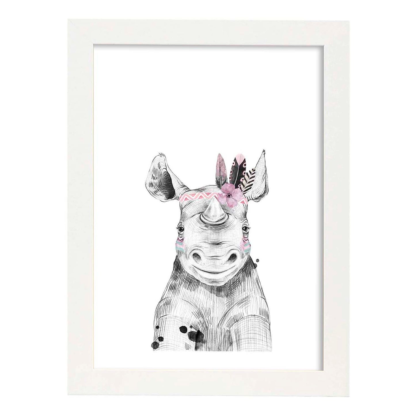 Lámina Rinoceronte infantil con plumas en la cabeza poster animales infantiles-Artwork-Nacnic-A4-Marco Blanco-Nacnic Estudio SL