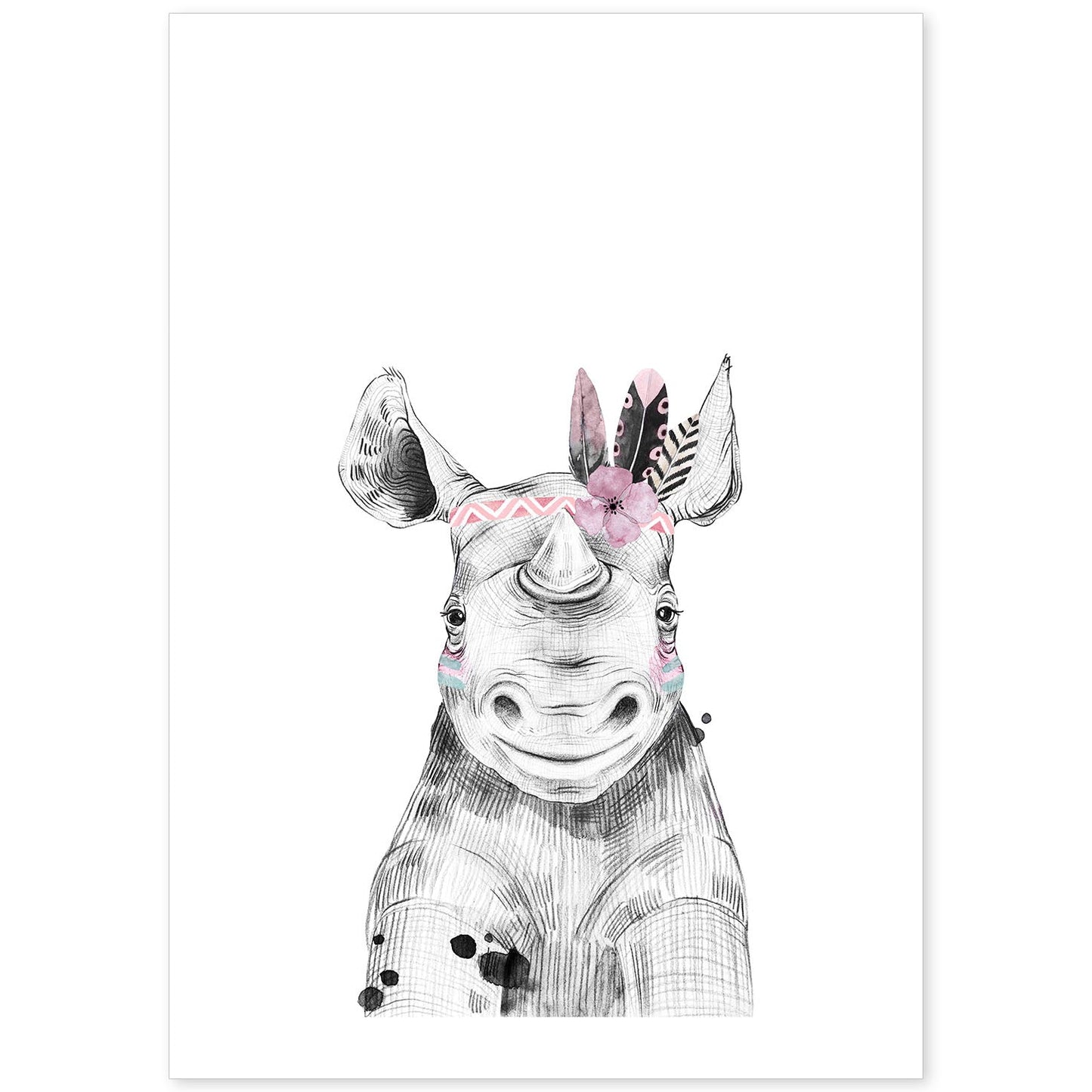 Lámina Rinoceronte infantil con plumas en la cabeza poster animales infantiles-Artwork-Nacnic-A4-Sin marco-Nacnic Estudio SL
