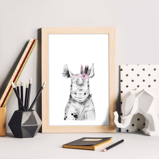 Lámina Rinoceronte infantil con plumas en la cabeza poster animales infantiles-Artwork-Nacnic-Nacnic Estudio SL