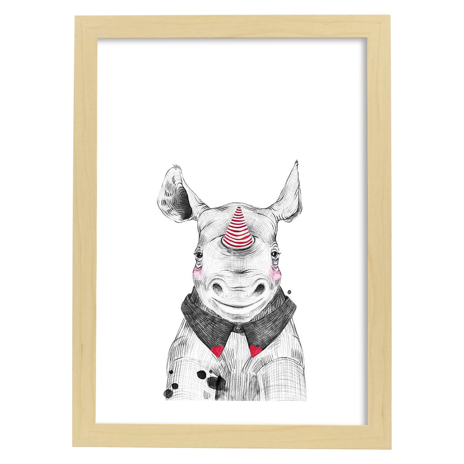 Lámina Rinoceronte infantil de cumpleaños poster animales infantiles-Artwork-Nacnic-A3-Marco Madera clara-Nacnic Estudio SL