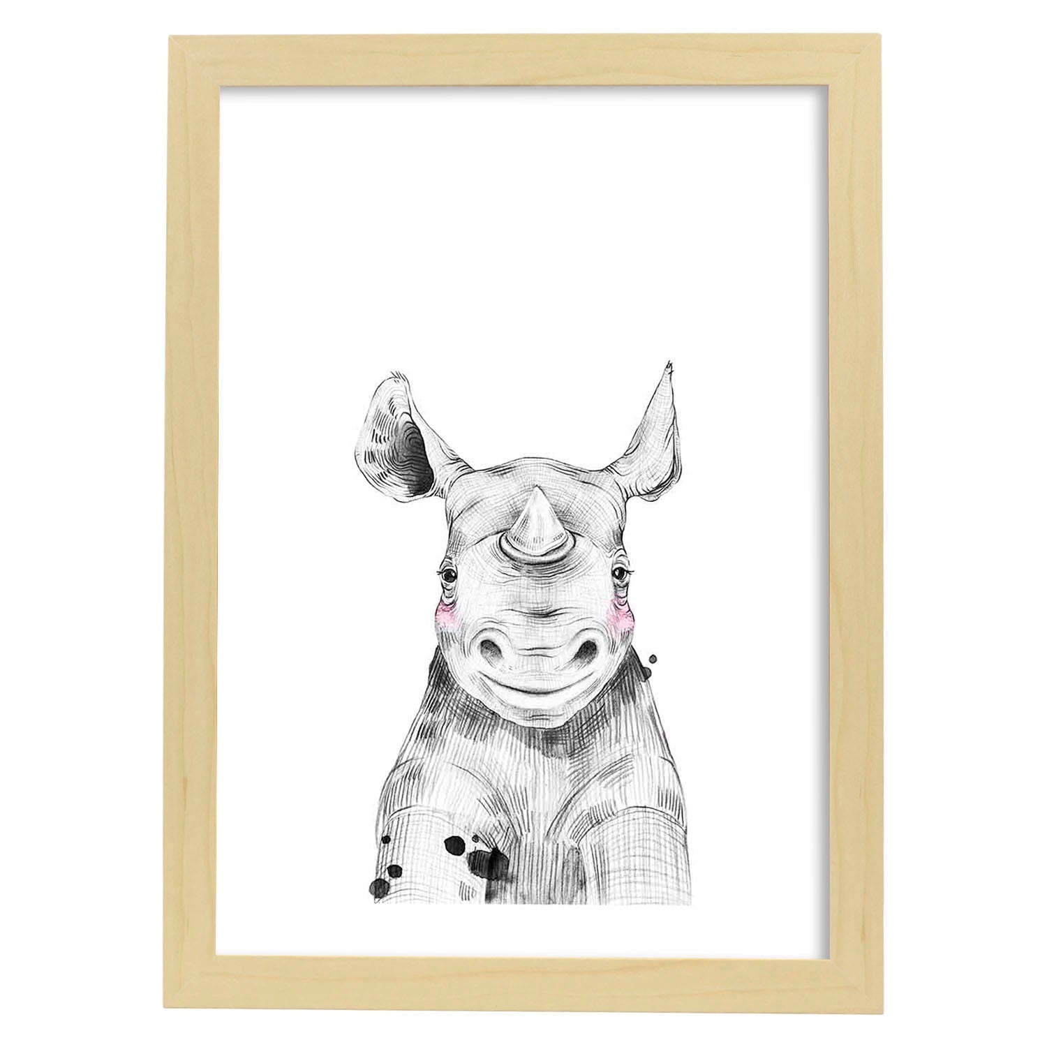 Lámina Rinoceronte infantil poster animales infantiles-Artwork-Nacnic-A4-Marco Madera clara-Nacnic Estudio SL