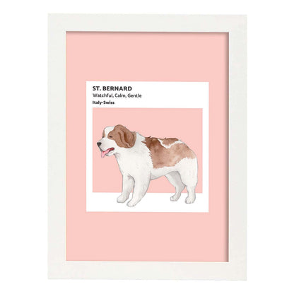 Lámina San Bernardo. Pósters con ilustraciones de razas de perro en tonos cálidos y pastel.-Artwork-Nacnic-A4-Marco Blanco-Nacnic Estudio SL