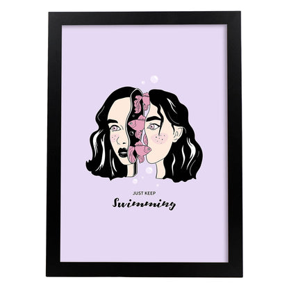 Lámina Sigue nadando. Pósters con ilustraciones artísticas de cabezas de mujer.-Artwork-Nacnic-A4-Marco Negro-Nacnic Estudio SL