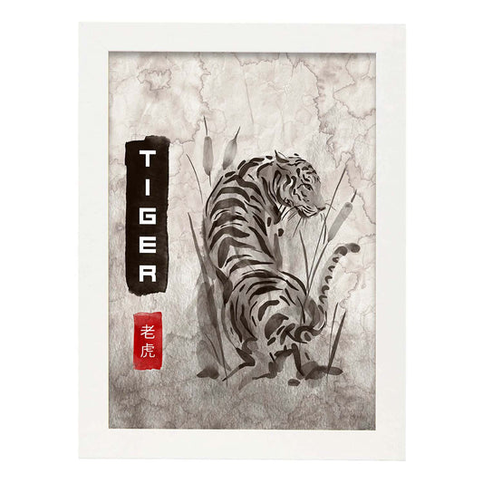 Lámina Tigre. Pósters en estilo Sumi-E. Imágenes vintage de animales en tonos grises.-Artwork-Nacnic-A4-Marco Blanco-Nacnic Estudio SL