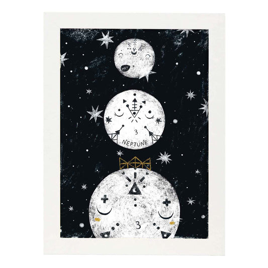 Lámina Tres planetas Estilo nordico blanco y negro. Composiciones planetarias infantiles-Artwork-Nacnic-A4-Marco Blanco-Nacnic Estudio SL