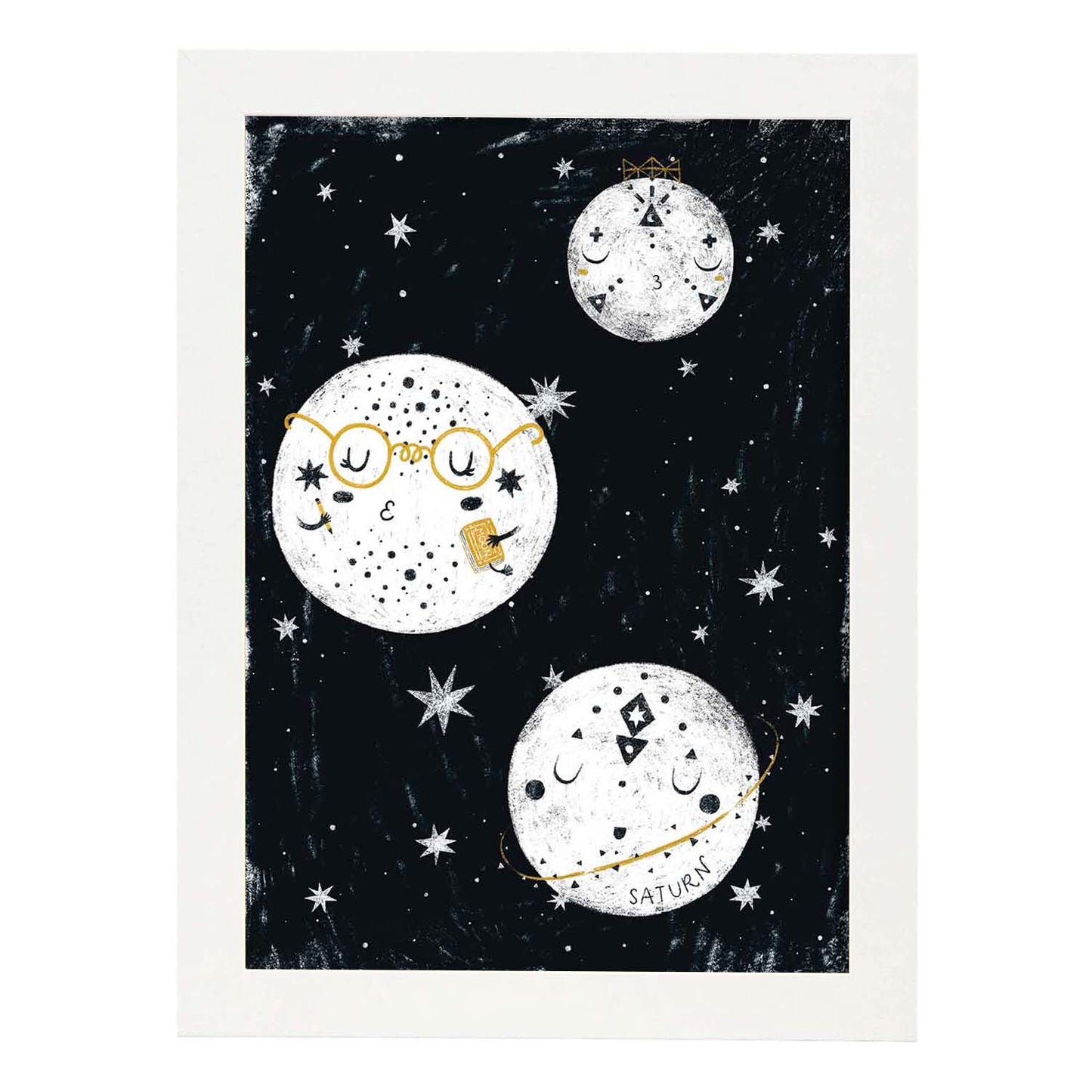 Lámina Tres planetas rotando Estilo nordico blanco y negro. Composiciones planetarias infantiles-Artwork-Nacnic-A3-Marco Blanco-Nacnic Estudio SL
