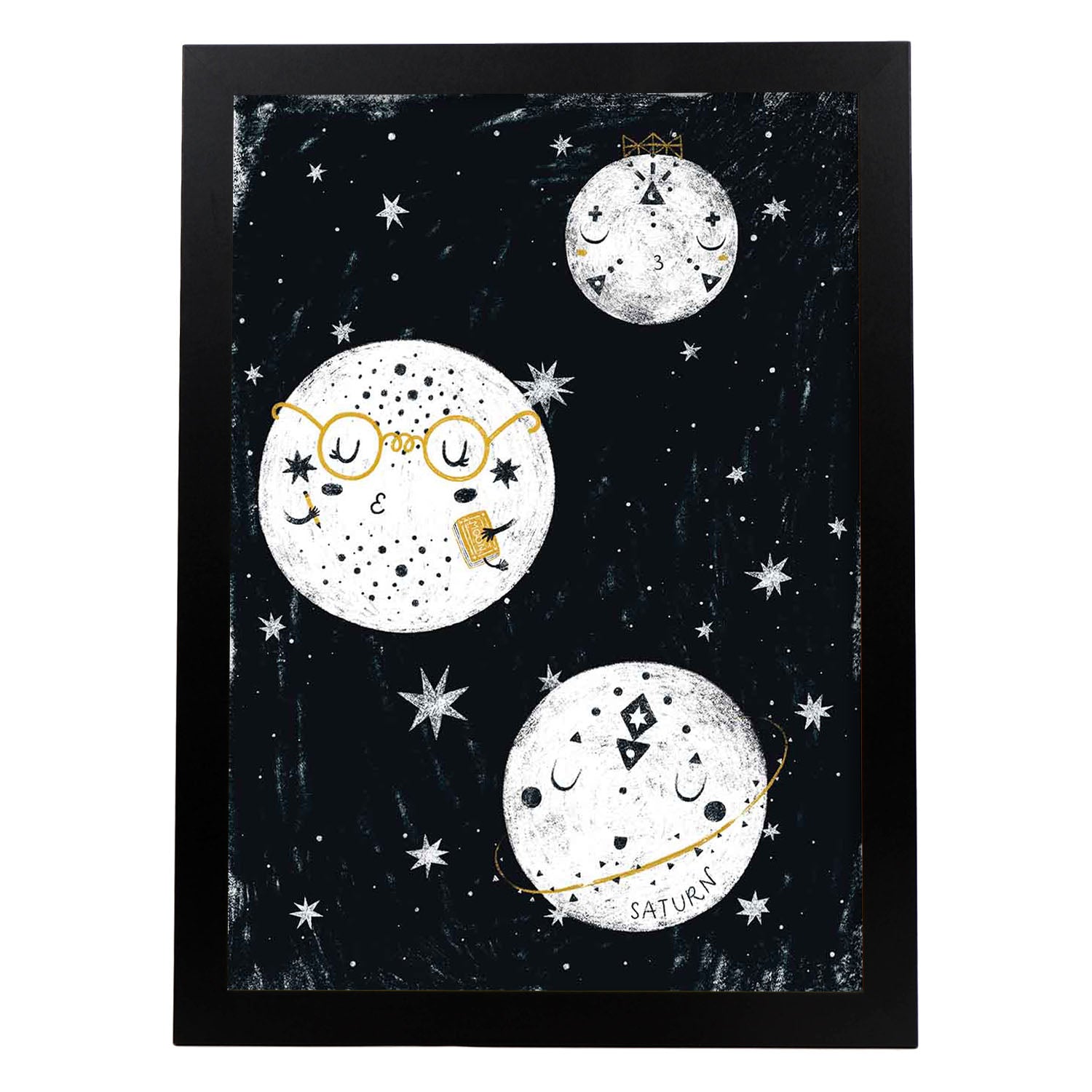 Lámina Tres planetas rotando Estilo nordico blanco y negro. Composiciones planetarias infantiles-Artwork-Nacnic-A3-Marco Negro-Nacnic Estudio SL