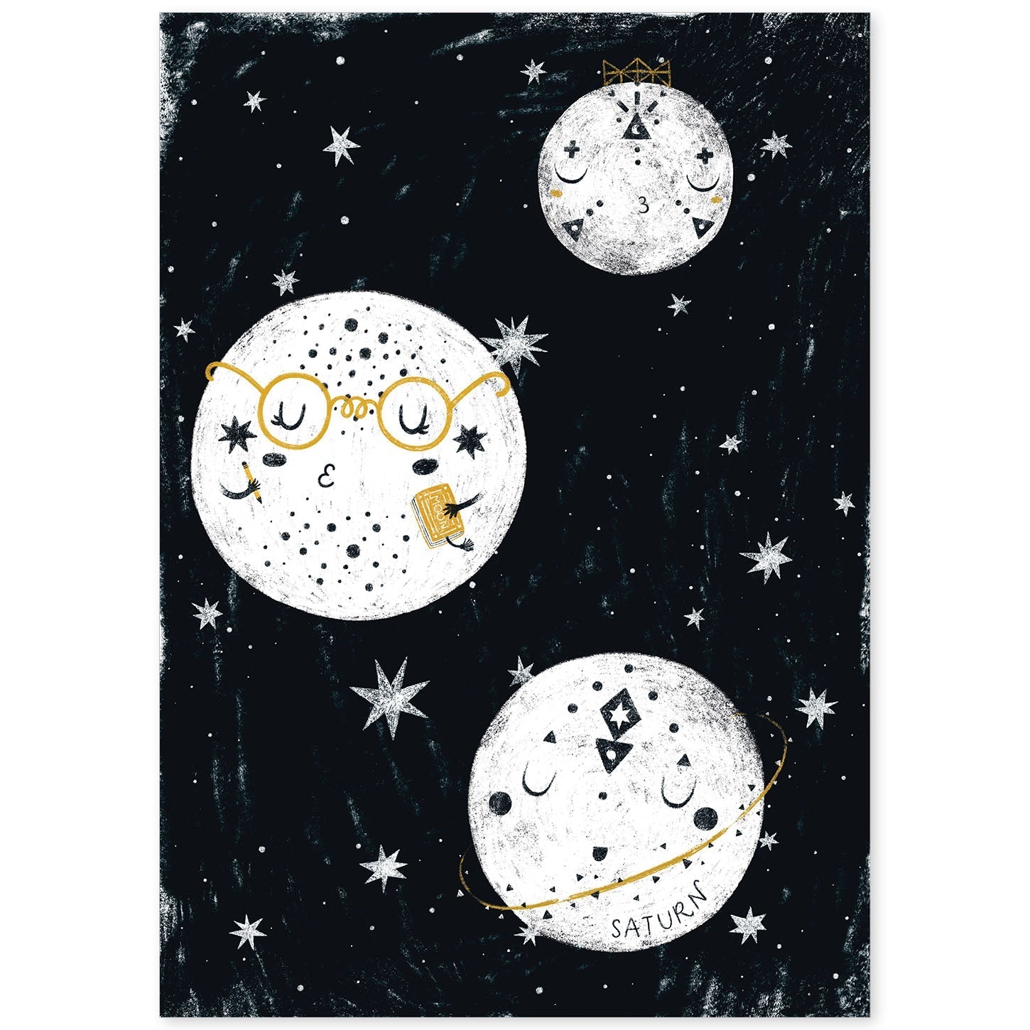 Lámina Tres planetas rotando Estilo nordico blanco y negro. Composiciones planetarias infantiles-Artwork-Nacnic-A4-Sin marco-Nacnic Estudio SL