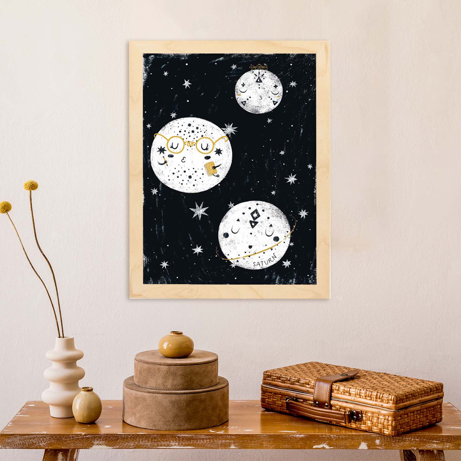 Lámina Tres planetas rotando Estilo nordico blanco y negro. Composiciones planetarias infantiles-Artwork-Nacnic-Nacnic Estudio SL