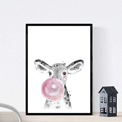 Lámina Vaca infantil con chicle rosa poster animales infantiles-Artwork-Nacnic-Nacnic Estudio SL