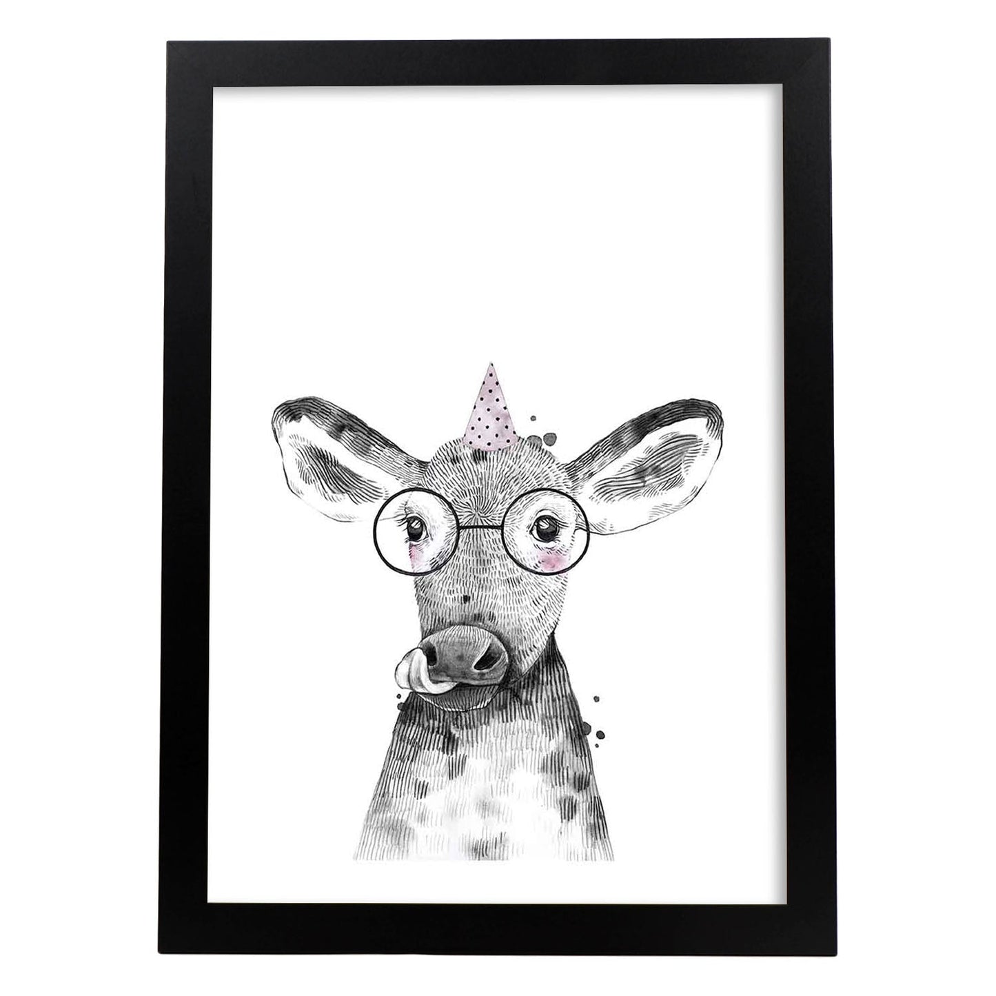 Lámina Vaca infantil con gafas poster animales infantiles-Artwork-Nacnic-A3-Marco Negro-Nacnic Estudio SL