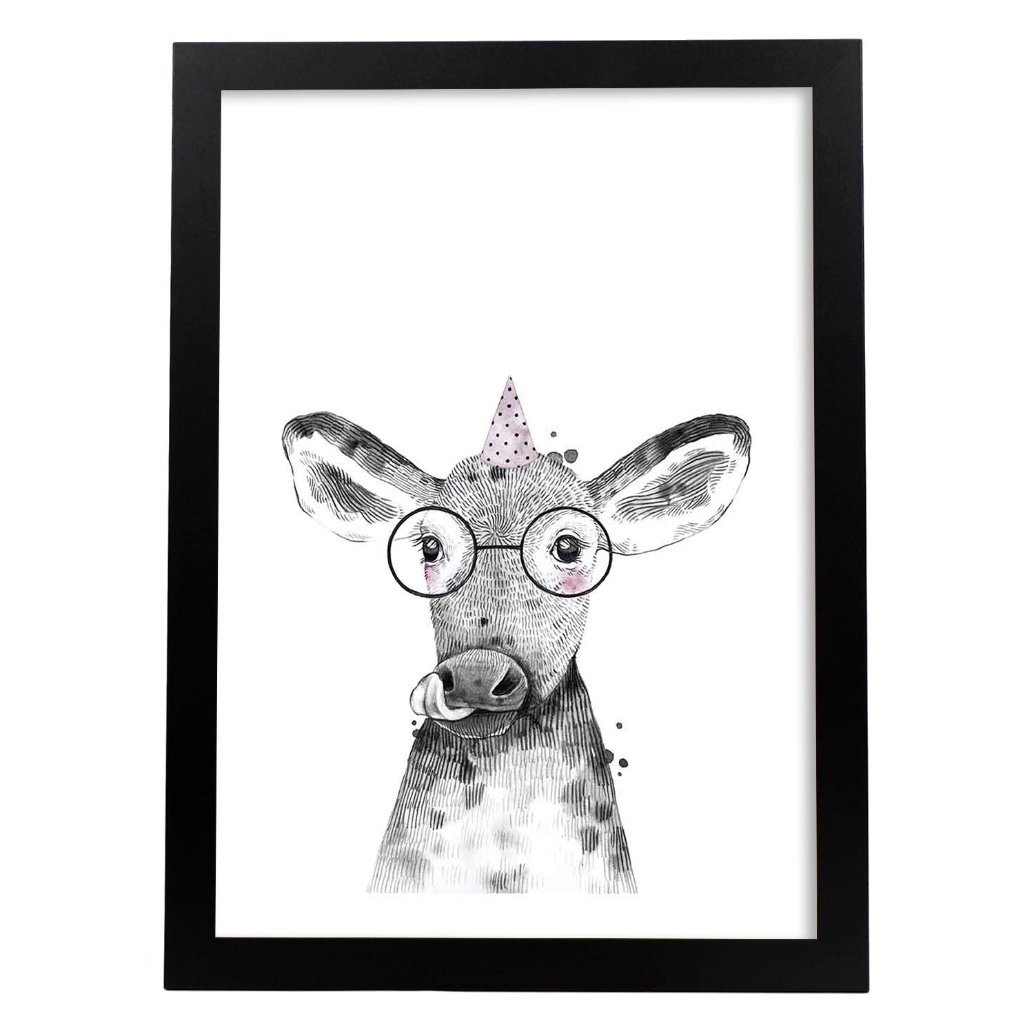 Lámina Vaca infantil con gafas poster animales infantiles-Artwork-Nacnic-A4-Marco Negro-Nacnic Estudio SL