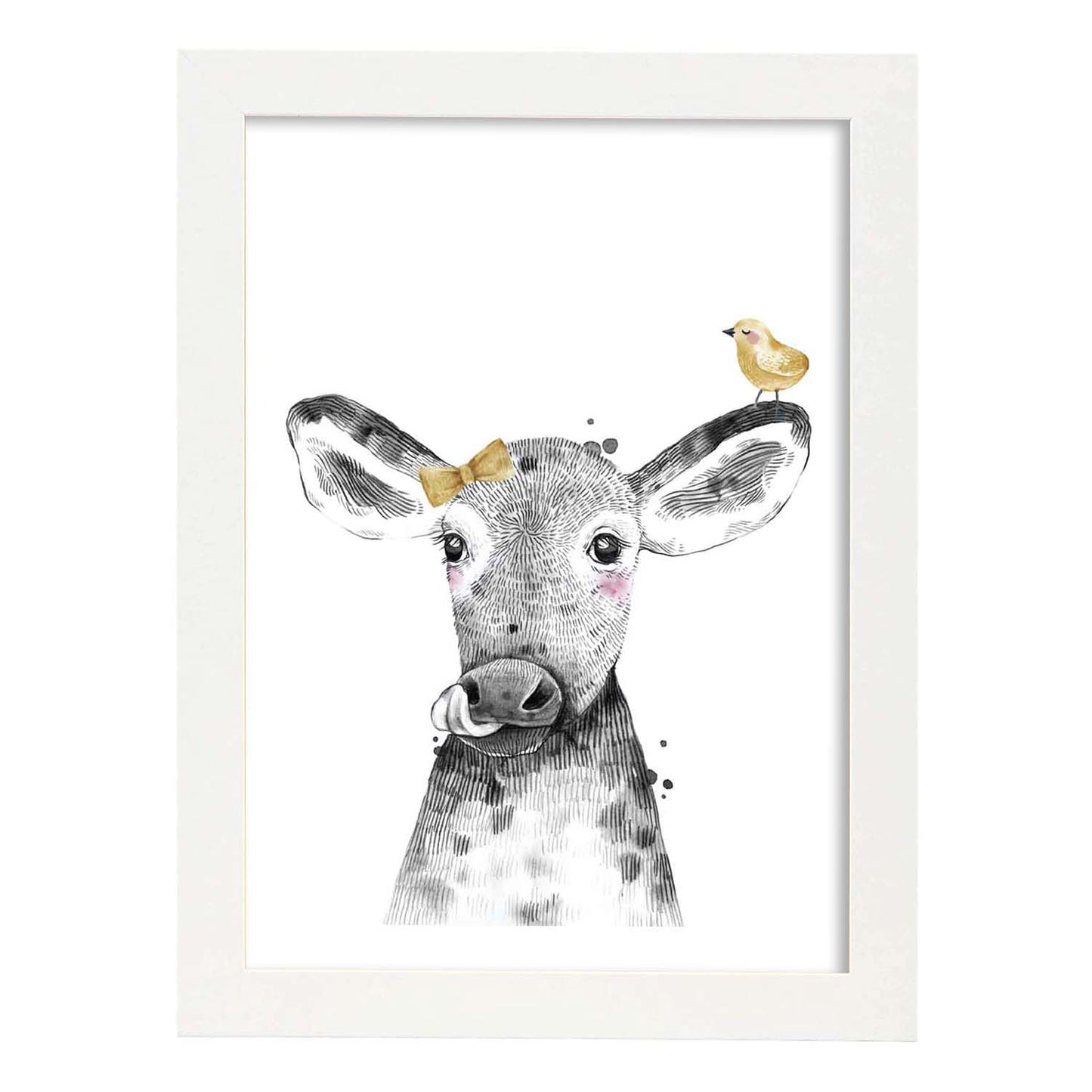Lámina Vaca infantil con lazo y pajarito poster animales infantiles-Artwork-Nacnic-A3-Marco Blanco-Nacnic Estudio SL